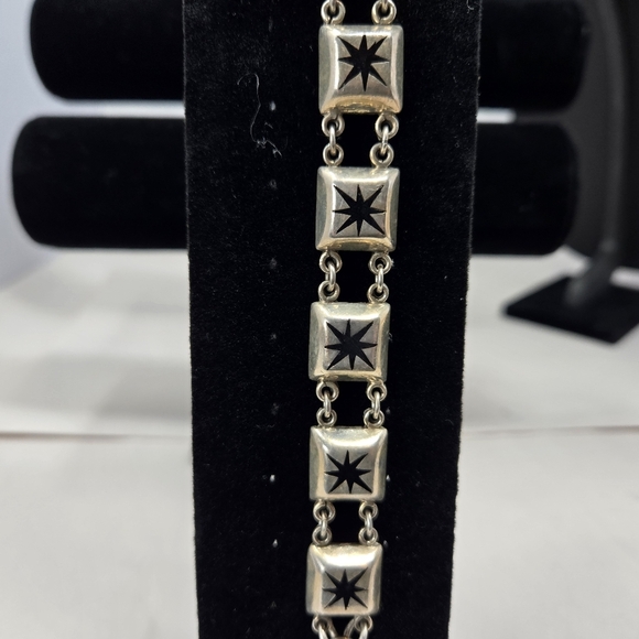 Taxco Mexico 925 Vintage Sterling Silver Strength Black Onyx Star Link Bracelet - Picture 3 of 9
